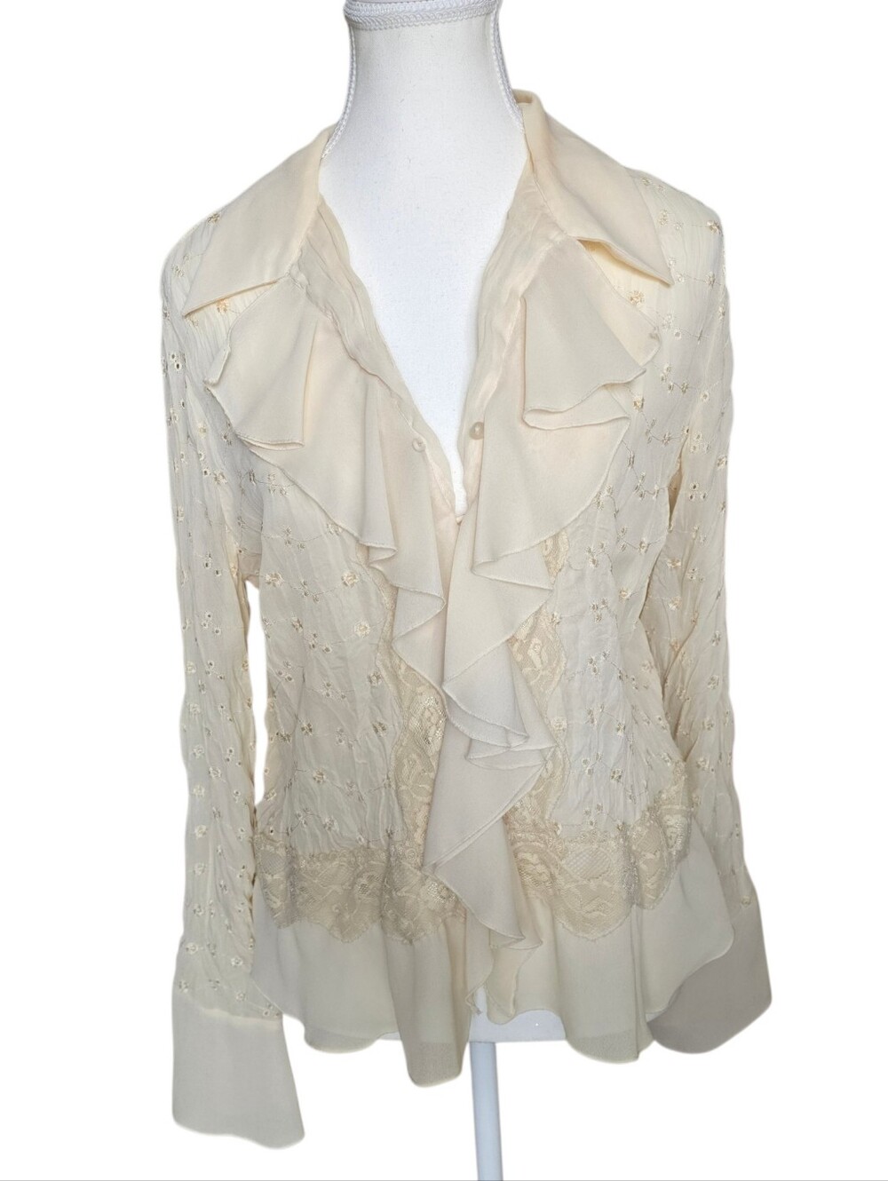 Vintage  Fairy Y2k Ivory Lace Boho Ruffle Sheer Eyelit Bell Sleeve Blouse *Flaw